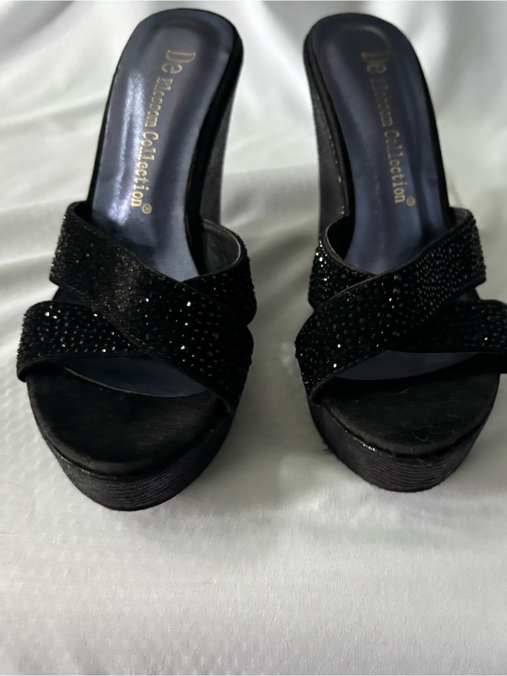 Dalia Collection Black Crystal Embellished Platform Slide Wedges